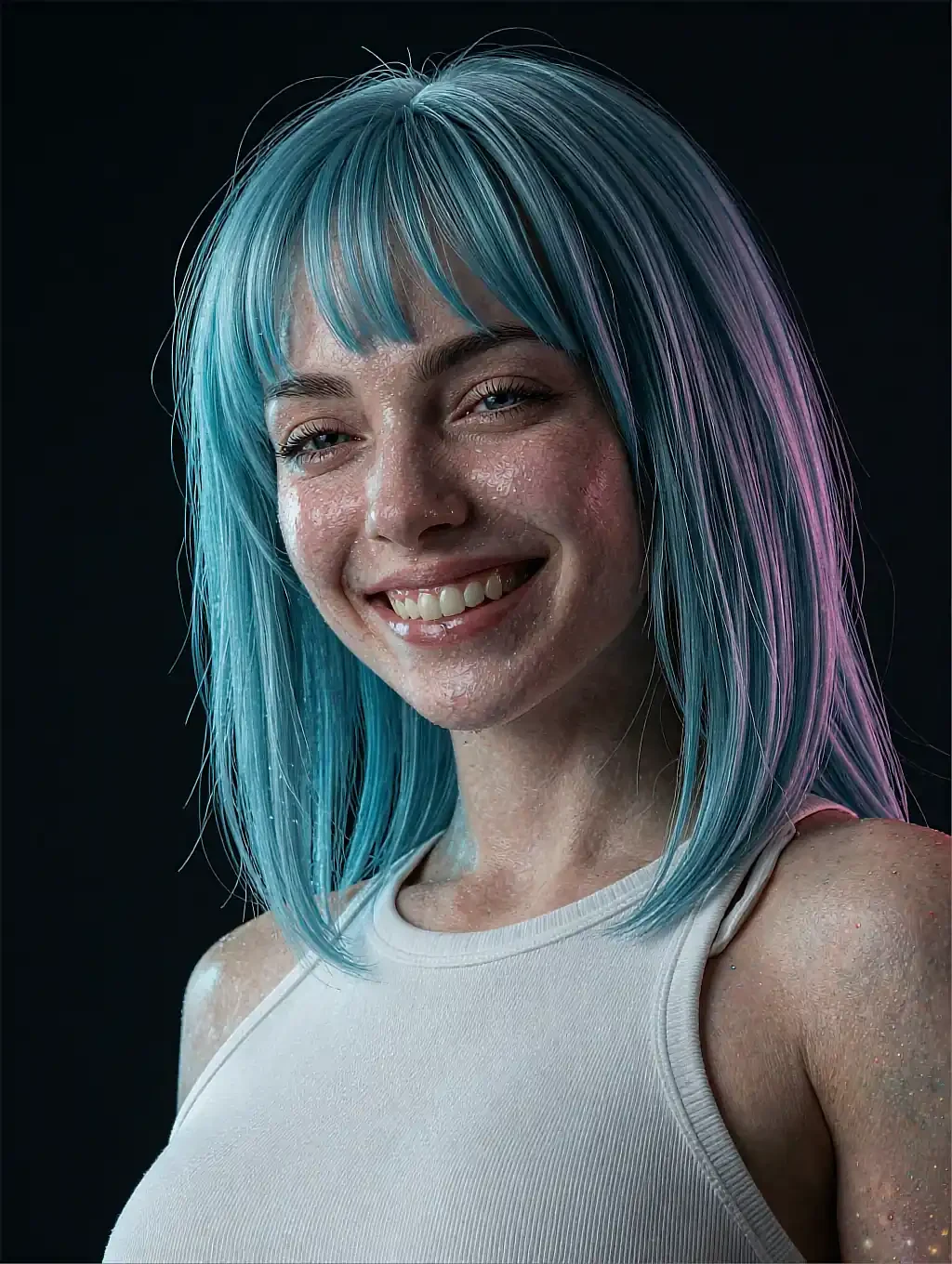 Sol, a fictional AI character, teal fringed bob and a wide smile in a white ribbed vest, blue light behind her