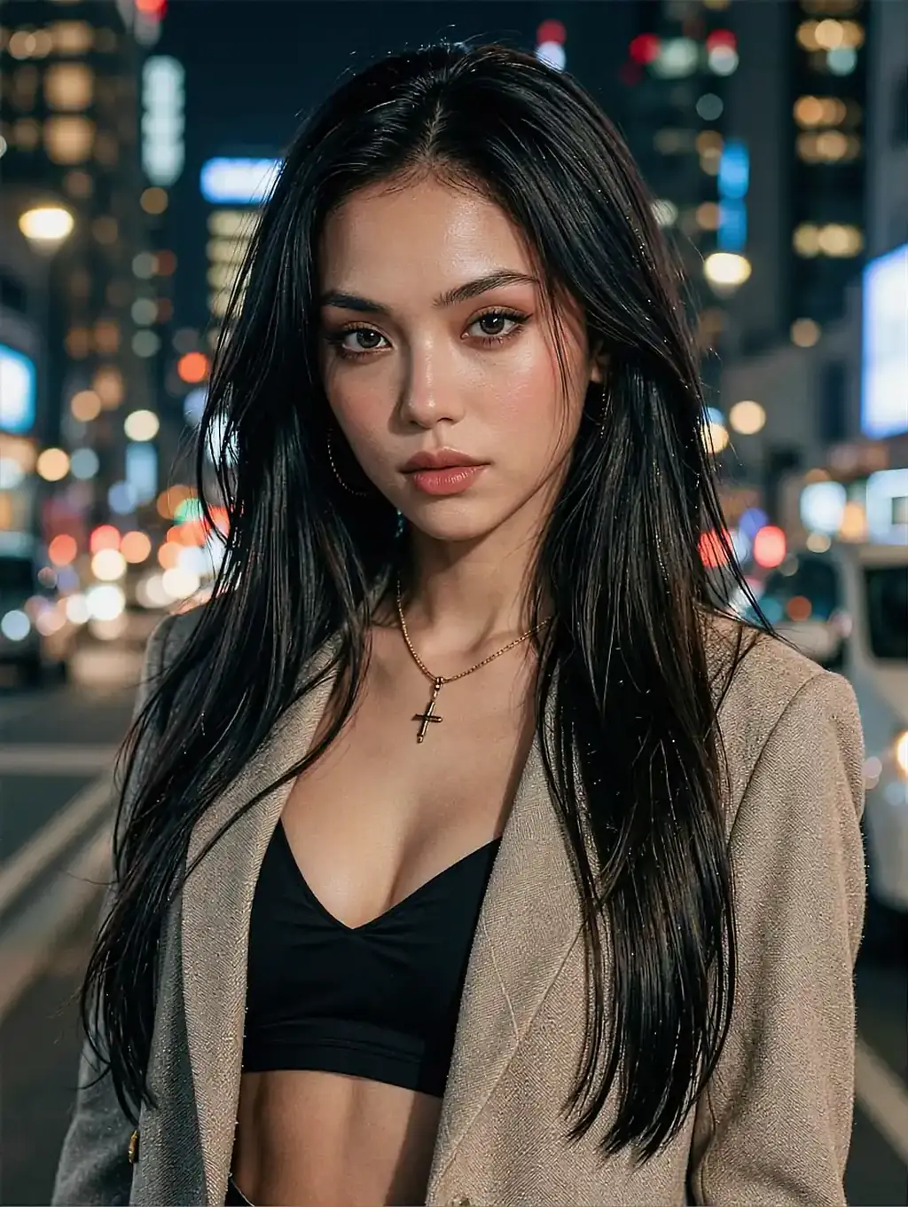 Kit, a fictional AI character, black bralette under a beige blazer, street lights blurred behind her at night