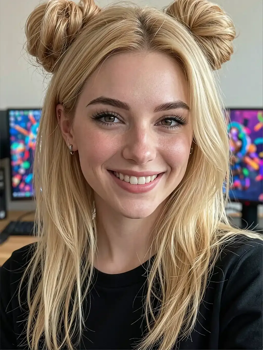Marisol, a fictional AI character, blonde hair in two buns, grinning in a black sweatshirt at a desk of bright monitors