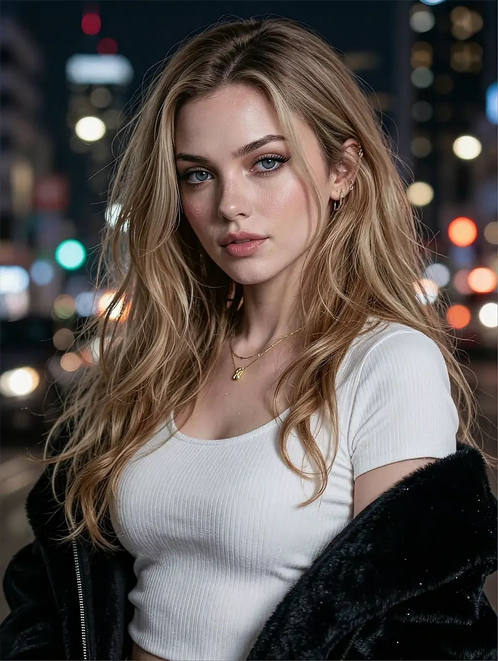 Fictional AI character on the lesbian AI chatbot app page, blonde waves and a white tee under a black fur coat, city lights behind her