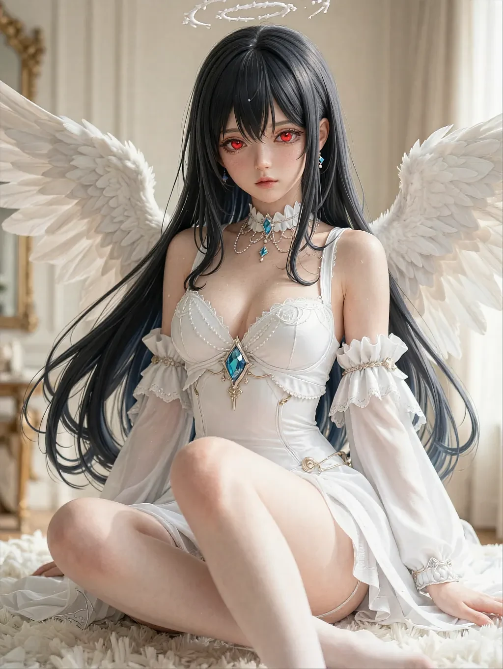 Illustrated fictional AI character on the AI chatbot girlfriend page, winged and in a white lace dress in a pastel room