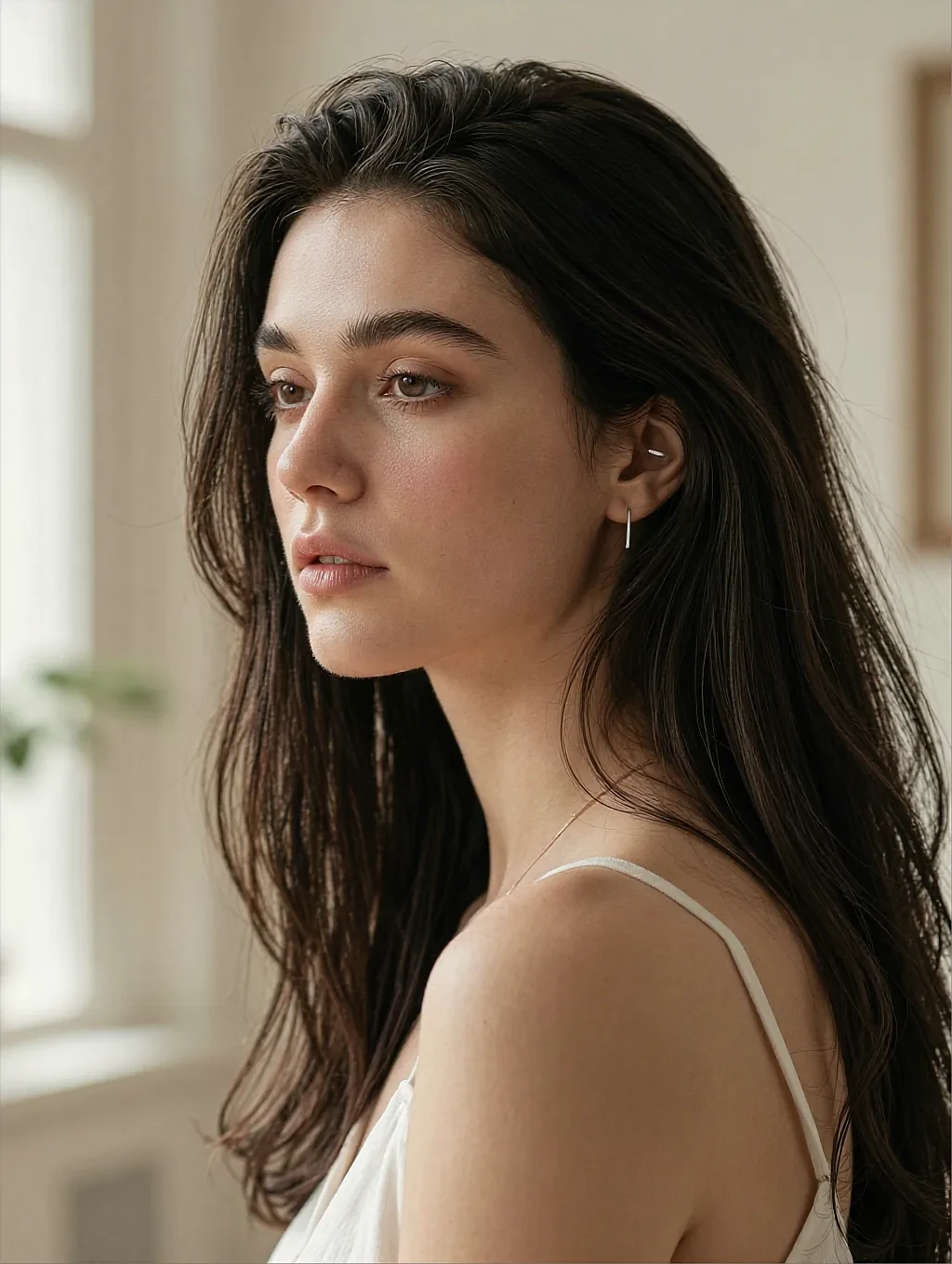 Fictional AI character on the WLW chatbot page, in a white strap top looking back over her shoulder in a bright room