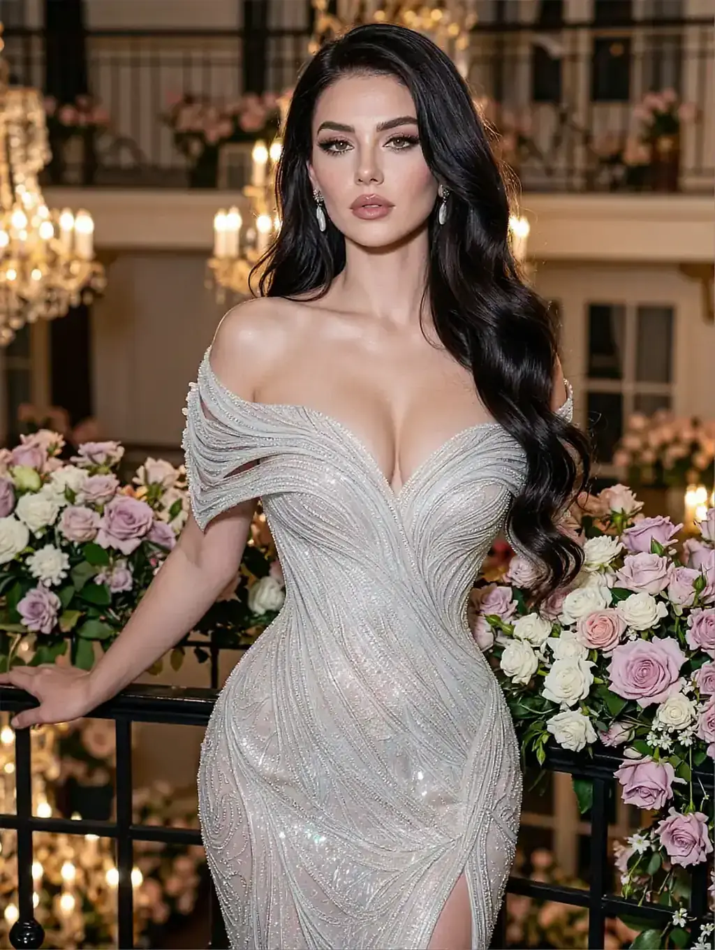 Fictional AI character on the WLW chatbot page, in an off-shoulder silver gown in a chandeliered room banked with flowers