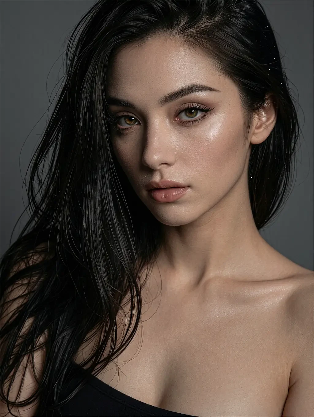 Fictional AI character on the free lesbian chatbot page, a close portrait with one bare shoulder on a dark grey backdrop